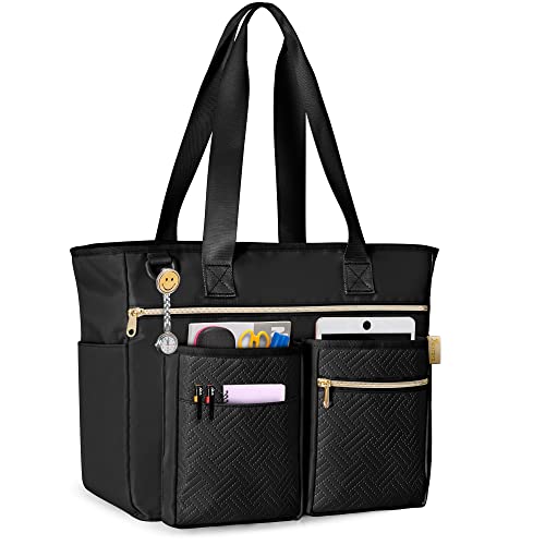 Fasrom Teacher Tote Bag for Work Women, Large Teacher Utility Bag with Padded Sleeve for up to 15.6 Inches Laptop and Teacher Supplies, Black - Image 1