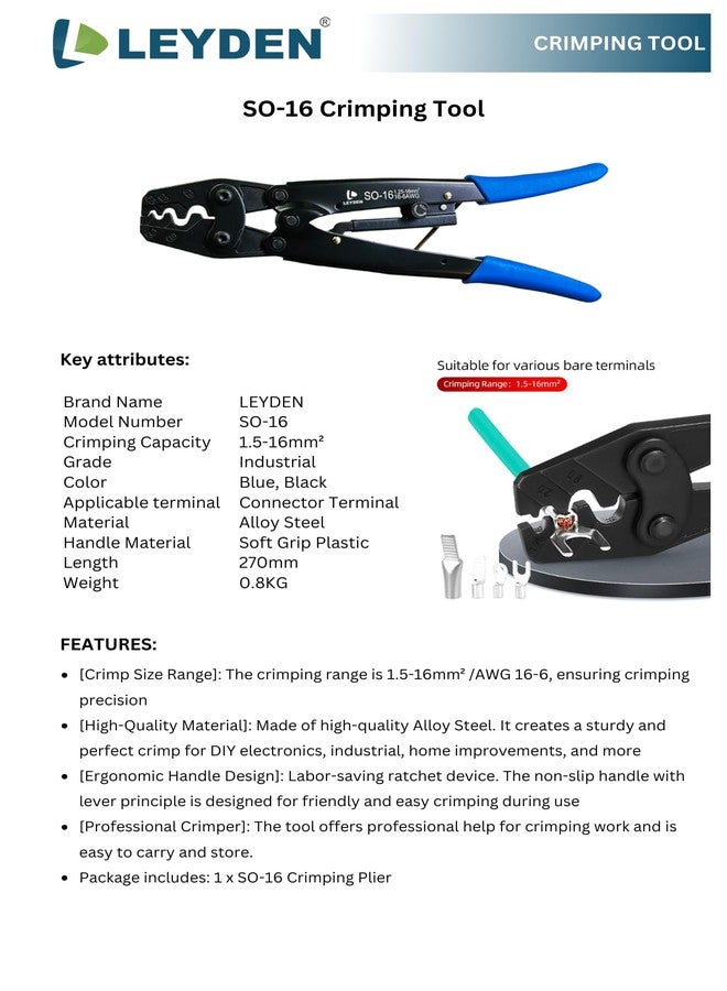 LEYDEN® SO-16, 1.5-16mm², AWG 16-6 Non Insulated Ring & Bare terminal Crimping Tool Cable Lugs Crimping Plier Crimper Tool - Image 3
