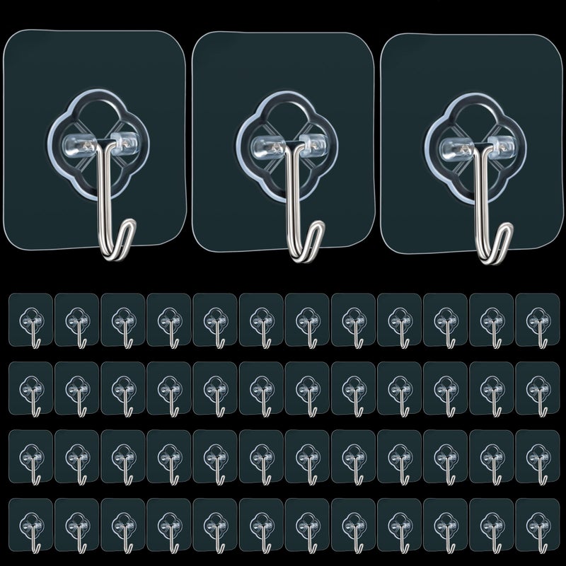 Adhesive Wall Hooks for Hanging 50 Pack Heavy Duty Stainless Self Sticky Hooks Waterproof and Rustproof Clear Self Adhesive Utility Hooks for Bathroom Kitchen Office Outdoor Inside Wardrobe Towel