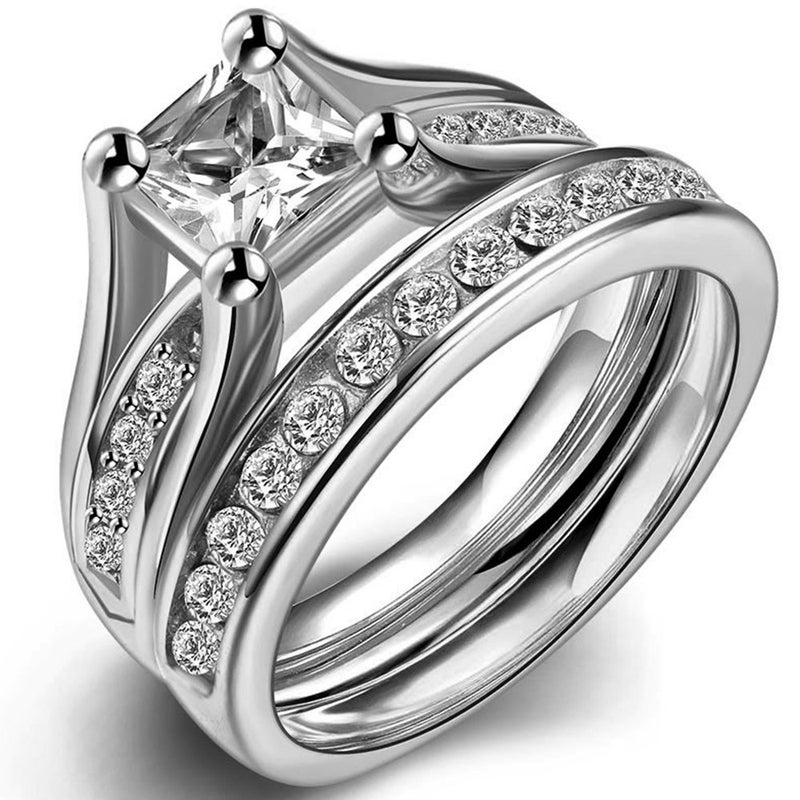 Jude Jewelers Stainless Steel Princess Cut Cubic Zirconia Wedding Engagement Ring Set Anniversary Propose Eternity Bridal Halo (7) - Image 1