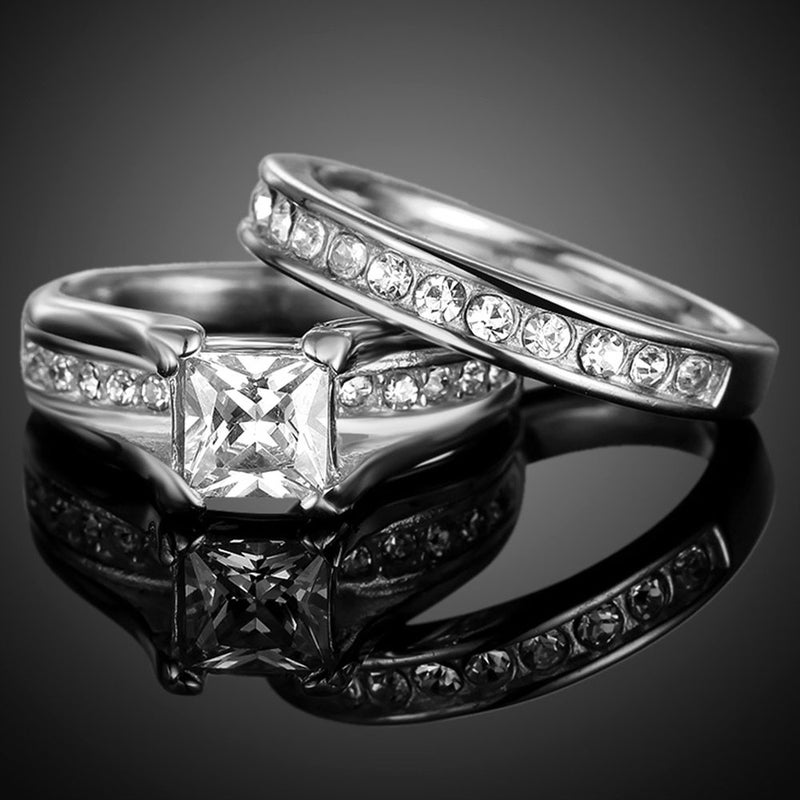Jude Jewelers Stainless Steel Princess Cut Cubic Zirconia Wedding Engagement Ring Set Anniversary Propose Eternity Bridal Halo (7) - Image 4