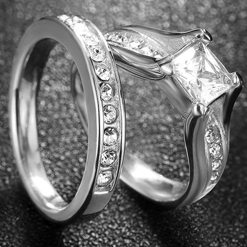 Jude Jewelers Stainless Steel Princess Cut Cubic Zirconia Wedding Engagement Ring Set Anniversary Propose Eternity Bridal Halo (7) - Image 5