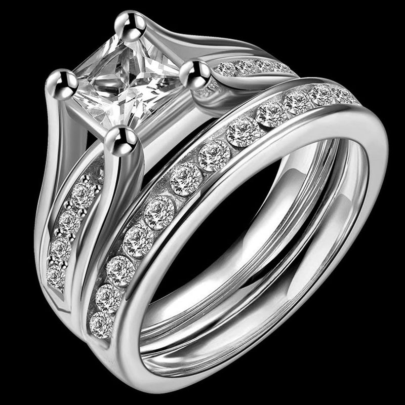 Jude Jewelers Stainless Steel Princess Cut Cubic Zirconia Wedding Engagement Ring Set Anniversary Propose Eternity Bridal Halo (7) - Image 2