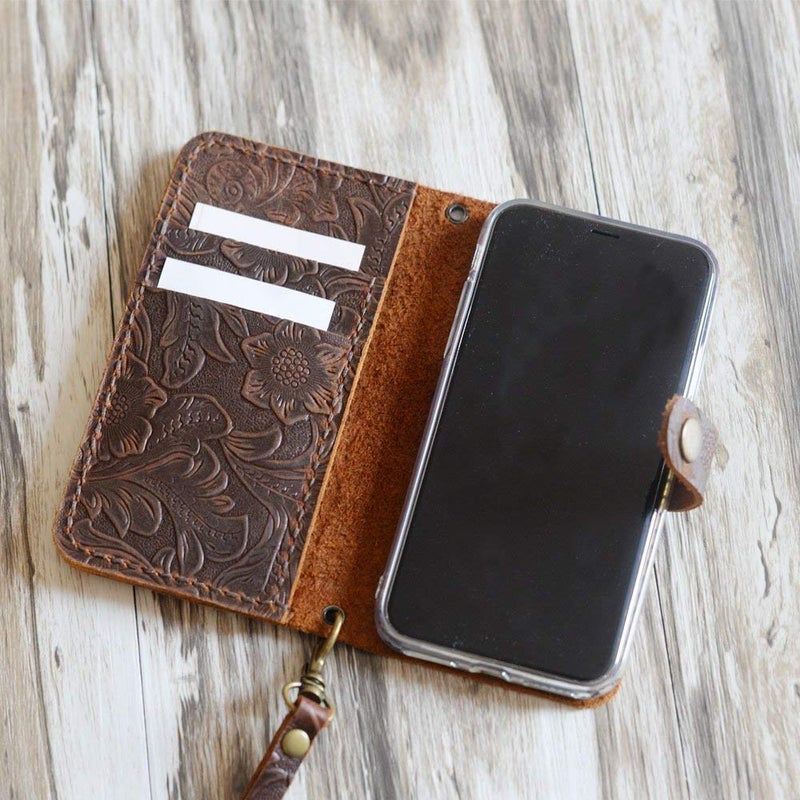 Handmade Leather Wallet Case With Wristlet for iPhone 16/16 Plus / 16 Pro / 16 Pro Max - Tooled Flower Brown - Image 1