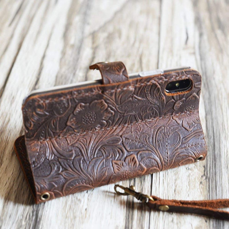 Handmade Leather Wallet Case With Wristlet for iPhone 16/16 Plus / 16 Pro / 16 Pro Max - Tooled Flower Brown - Image 2