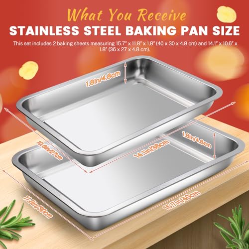 Roucerlin 15.7" & 14.1" 304 Stainless Steel Cookie Baking Sheet Set of 2, Thick Sheet Pan, Oven Baking Tray Nonstick, Easy Clean Sheet Cake Pan for Roasting Appetizer Serving Prep (Silver) - Image 2