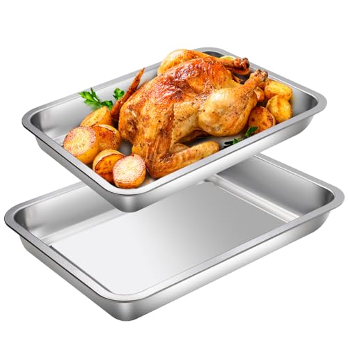 Roucerlin 15.7" & 14.1" 304 Stainless Steel Cookie Baking Sheet Set of 2, Thick Sheet Pan, Oven Baking Tray Nonstick, Easy Clean Sheet Cake Pan for Roasting Appetizer Serving Prep (Silver) - Image 1