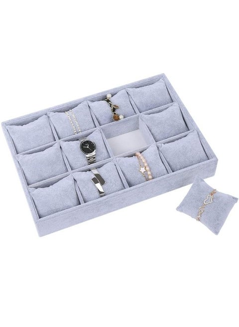Padom Watch Jewelry Tray Organizer Bracelet Display Showcase 12 Grid Pillows Without Lid Tray Jewelry Storage Holder Grey Velvet Gifts for Men Women Girls