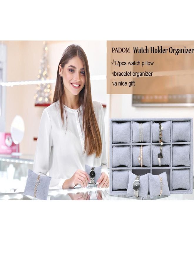 PADOM منظم مجوهرات من Padom Watch، حامل عرض أساور، 12 وسادة شبكية بدون غطاء، حامل تخزين مجوهرات، هدايا مخملية رمادية للرجال والنساء والفتيات - Image 3