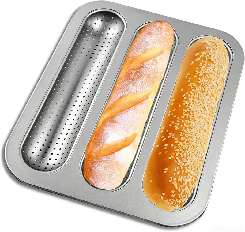 JSJMOFA Perforated Baguette Pan, Nonstick French Bread Pan, Carbon Steel 3 Cavity Baguette Mold, Long Loaf Toast Cake Mould Bakeware Baking Pans for Oven (Silver 1 Pack) - Image 1