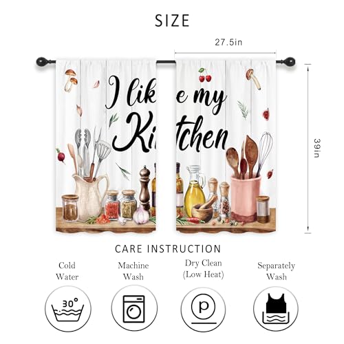 Riyidecor Retro Rustic Kitchen Curtains Farmhouse Country Mushroom Leaves Wood Plank Vintage Funny Quotes Rod Pocket Short Small Watercolor Bedroom Living Room Treatment Fabric 2 Panels 27.5Wx39H Inch - Image 2