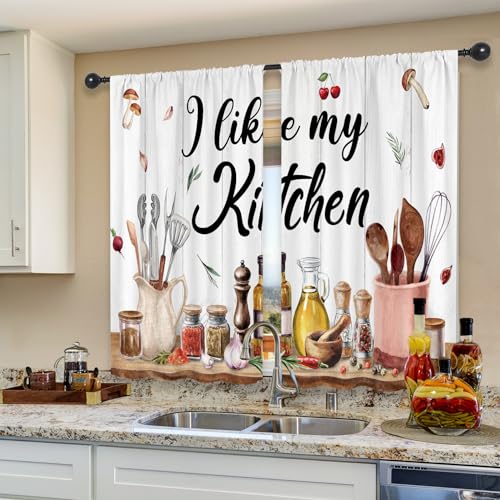 Riyidecor Retro Rustic Kitchen Curtains Farmhouse Country Mushroom Leaves Wood Plank Vintage Funny Quotes Rod Pocket Short Small Watercolor Bedroom Living Room Treatment Fabric 2 Panels 27.5Wx39H Inch - Image 4
