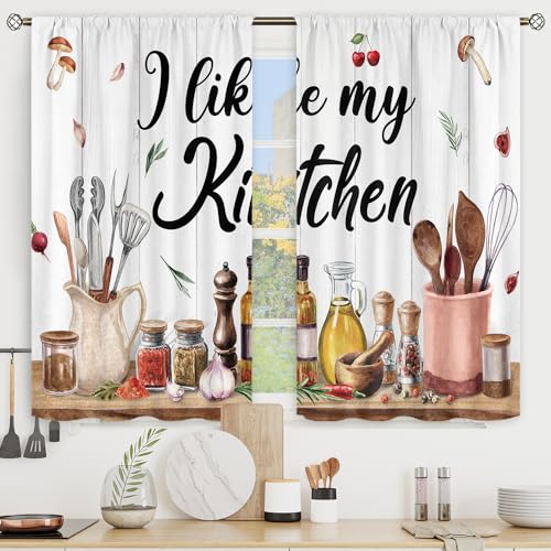 Riyidecor Retro Rustic Kitchen Curtains Farmhouse Country Mushroom Leaves Wood Plank Vintage Funny Quotes Rod Pocket Short Small Watercolor Bedroom Living Room Treatment Fabric 2 Panels 27.5Wx39H Inch - Image 3