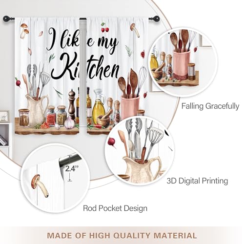 Riyidecor Retro Rustic Kitchen Curtains Farmhouse Country Mushroom Leaves Wood Plank Vintage Funny Quotes Rod Pocket Short Small Watercolor Bedroom Living Room Treatment Fabric 2 Panels 27.5Wx39H Inch - Image 5