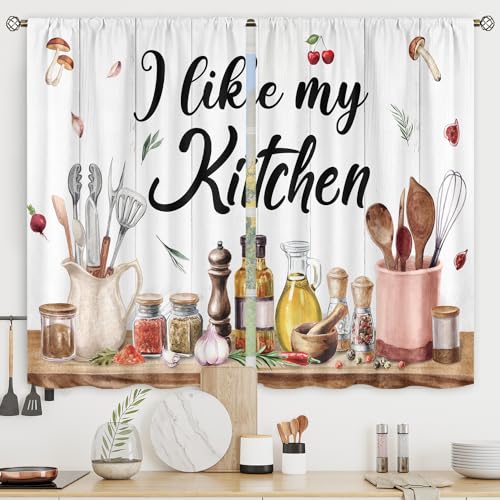 Riyidecor Retro Rustic Kitchen Curtains Farmhouse Country Mushroom Leaves Wood Plank Vintage Funny Quotes Rod Pocket Short Small Watercolor Bedroom Living Room Treatment Fabric 2 Panels 27.5Wx39H Inch - Image 1