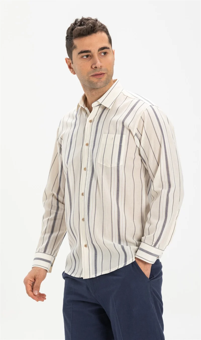 اليش شيل بيزي Long Sleeve Şile Cloth Single Pocket Men's Shirt Ecru Gray Striped 3028