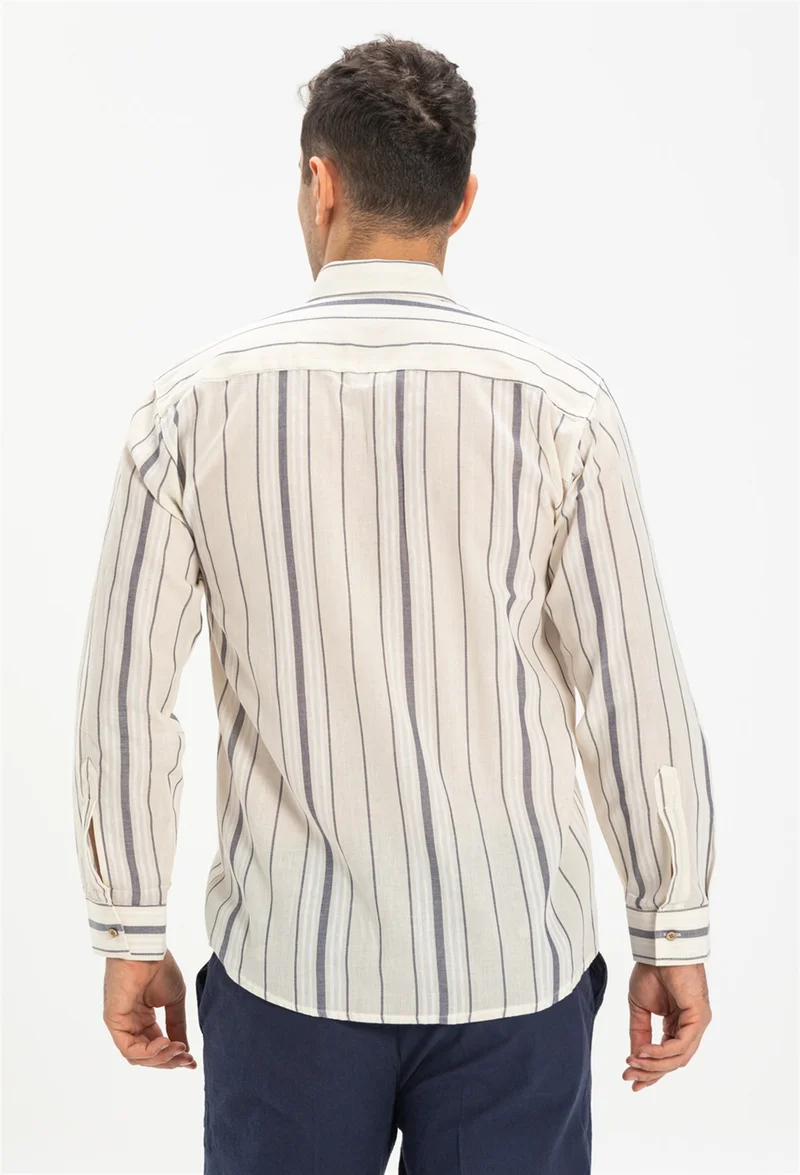 اليش شيل بيزي Long Sleeve Şile Cloth Single Pocket Men's Shirt Ecru Gray Striped 3028