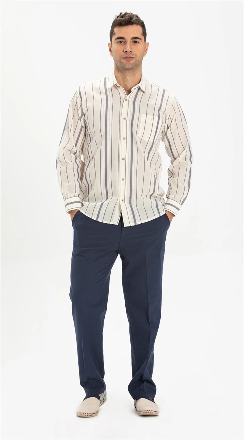 اليش شيل بيزي Long Sleeve Şile Cloth Single Pocket Men's Shirt Ecru Gray Striped 3028