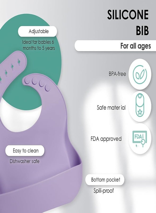 QLECT BPA Free Silicone Baby Feeding Set,Baby Led Weaning Supplies,Eating Essentials Utensils with Suction Plate & Bowl,Pocket Bib,Sippy Cup with Lid,Forks Spoons for Baby&Toddler 6+ Months,Lavender - Image 2