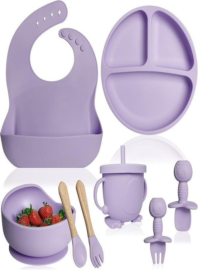 QLECT BPA Free Silicone Baby Feeding Set,Baby Led Weaning Supplies,Eating Essentials Utensils with Suction Plate & Bowl,Pocket Bib,Sippy Cup with Lid,Forks Spoons for Baby&Toddler 6+ Months,Lavender - Image 1