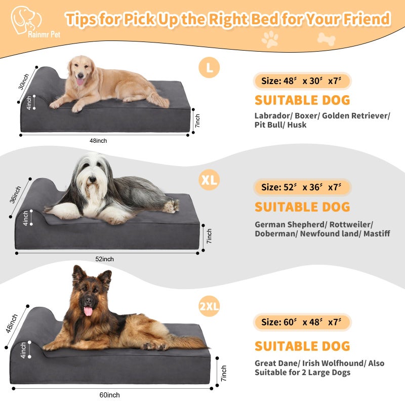 Rainmr Orthopedic Dog Beds for Large Dogs, 7" Memory Foam Dog Beds with Waterproof Liner, Durable Microsuede Cover, Removable and Washable, Nonskid Bottom, 52"x36"x7" XL Grey - Image 5