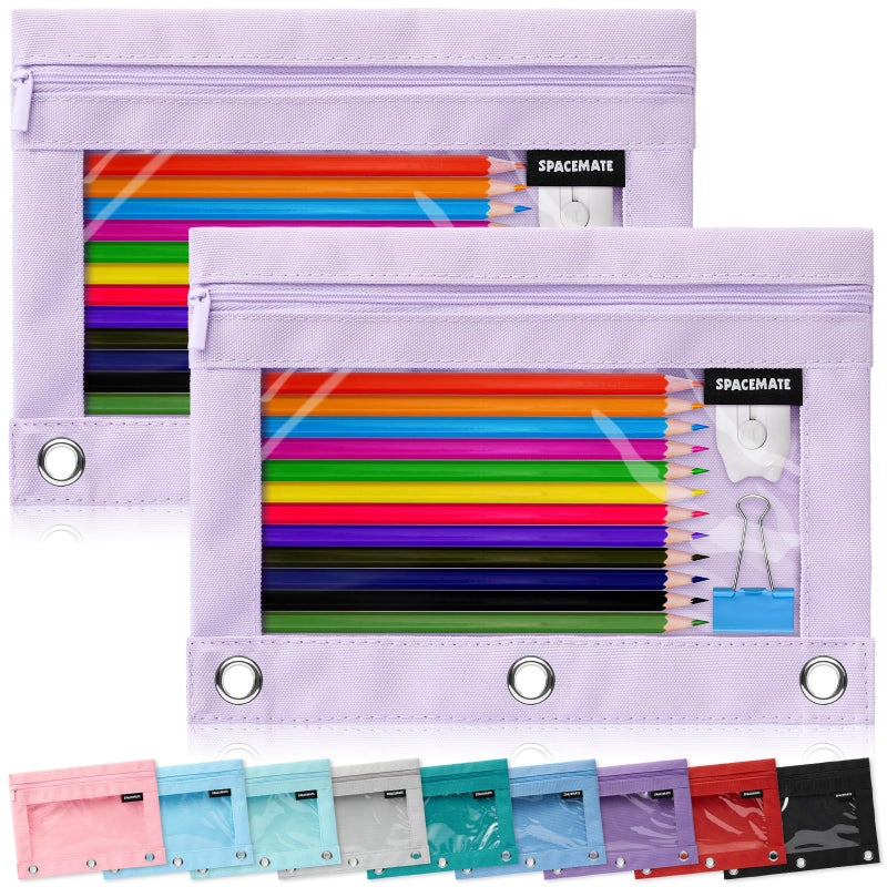 SPACEMATE 2 Pack Binder Pencil Pouch Case Box Bag for 3 Ring Binder School Supplies Girls Boys Kids, Clear Preppy Stuff Large Aesthetic Pen Organizer, Back to College Stationary, Light Purple - Image 1