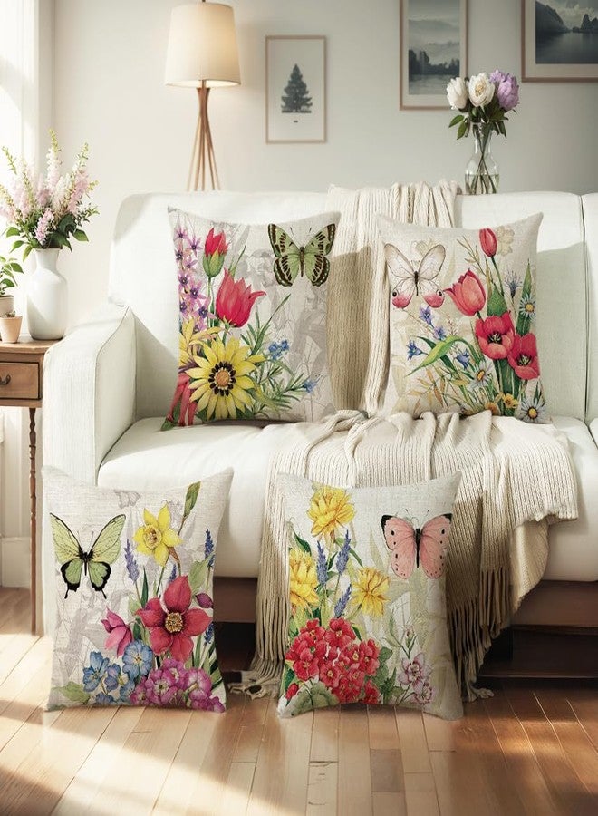wyooxoo Throw Pillow Covers 18x18 Set of 4 Decorative Spring Pillow Covers Linen Flower Butterfly Farmhouse Pillowcases for Sofa Couch Living Room Outdoor - Image 4