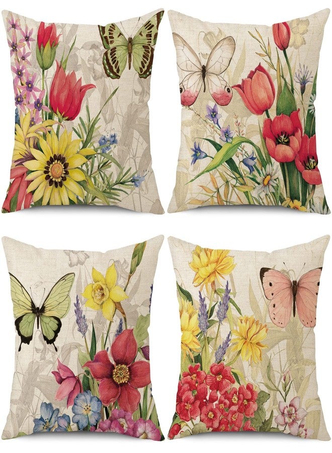 wyooxoo Throw Pillow Covers 18x18 Set of 4 Decorative Spring Pillow Covers Linen Flower Butterfly Farmhouse Pillowcases for Sofa Couch Living Room Outdoor - Image 1