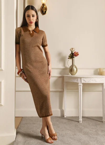 globus Globus Women Brown Collared Neck Acrylic Geometric Pattern Side Slit Midi Bodycon Dress