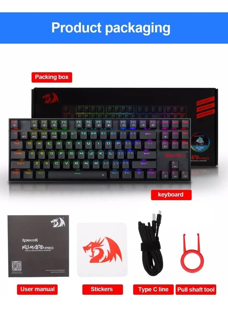 Generic - Redragon K552 Kumara Pro Wireless Mechanical Gaming Keyboard with RGB Lighting, Blue Switches, 2.4GHz & Bluetooth Connectivity, Type-C Cable (Black) - Image 1