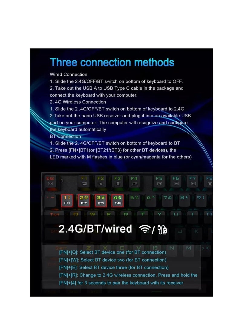 Generic - Redragon K552 Kumara Pro Wireless Mechanical Gaming Keyboard with RGB Lighting, Blue Switches, 2.4GHz & Bluetooth Connectivity, Type-C Cable (Black) - Image 1