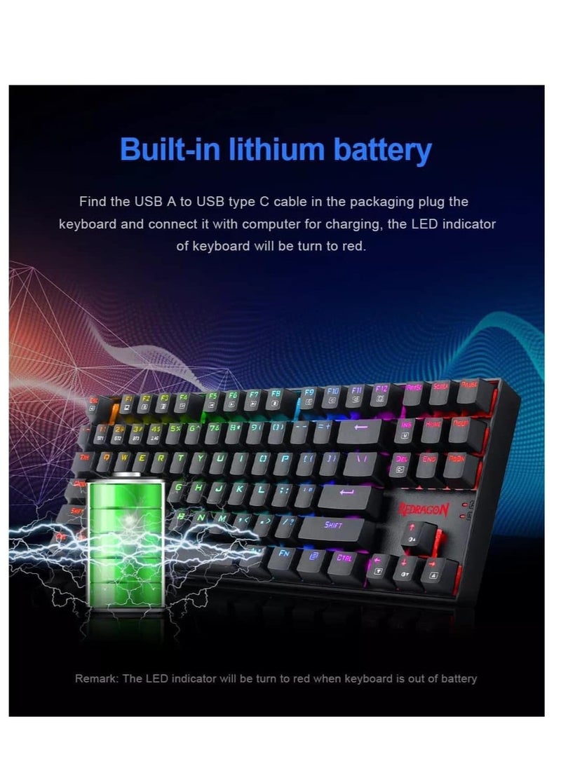 Generic - Redragon K552 Kumara Pro Wireless Mechanical Gaming Keyboard with RGB Lighting, Blue Switches, 2.4GHz & Bluetooth Connectivity, Type-C Cable (Black) - Image 1