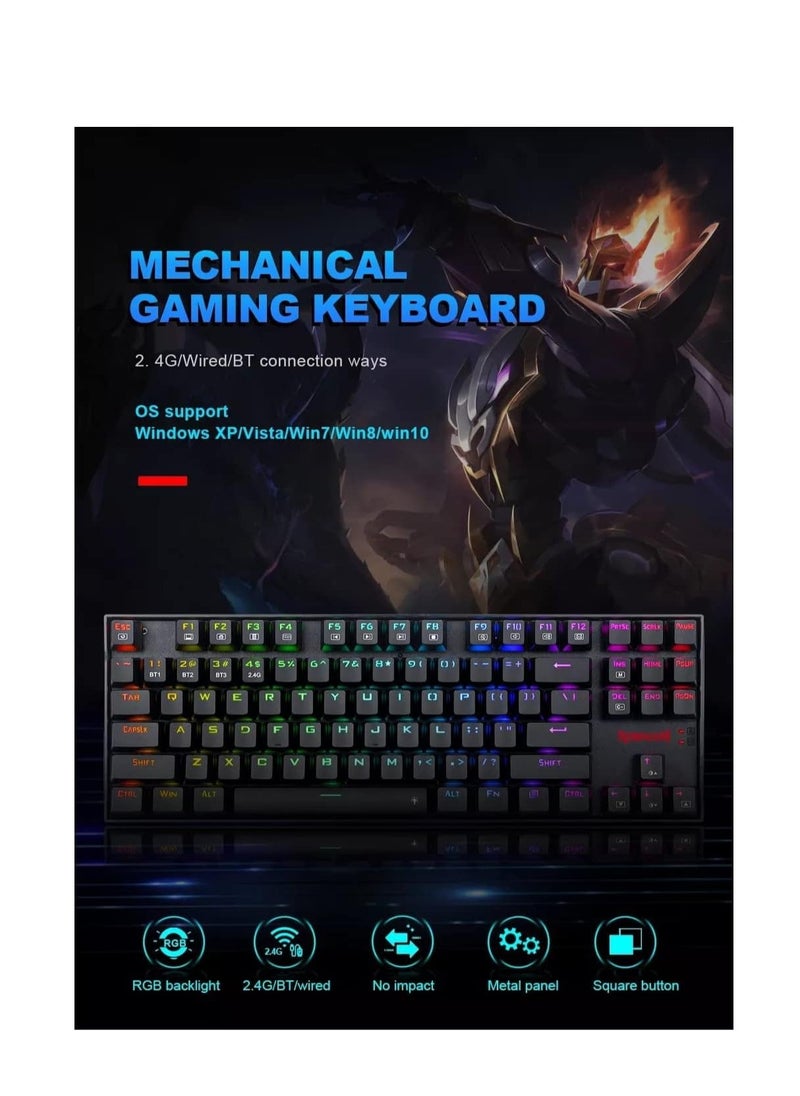 Generic - Redragon K552 Kumara Pro Wireless Mechanical Gaming Keyboard with RGB Lighting, Blue Switches, 2.4GHz & Bluetooth Connectivity, Type-C Cable (Black) - Image 1