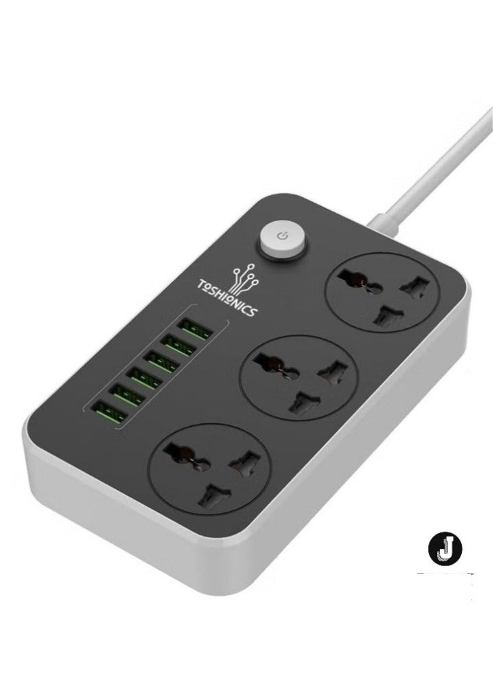 JAJEEK 3-Way Power Extension Cord – 6 USB Charging Ports, 3 Universal Plugs, 2 Meter Surge Protection Cable for Home and Office Use - Image 1