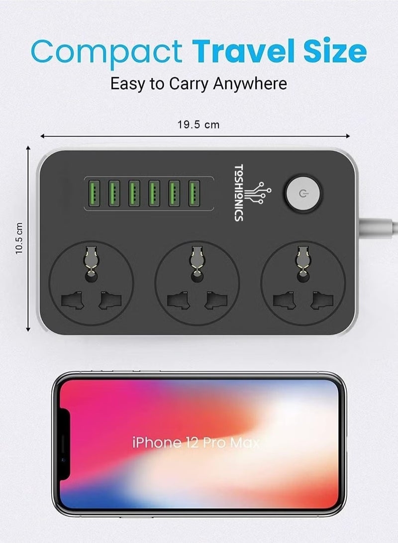 JAJEEK 3-Way Power Extension Cord – 6 USB Charging Ports, 3 Universal Plugs, 2 Meter Surge Protection Cable for Home and Office Use - Image 3