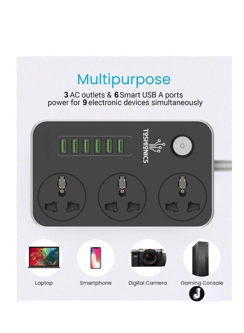 JAJEEK 3-Way Power Extension Cord – 6 USB Charging Ports, 3 Universal Plugs, 2 Meter Surge Protection Cable for Home and Office Use - Image 2