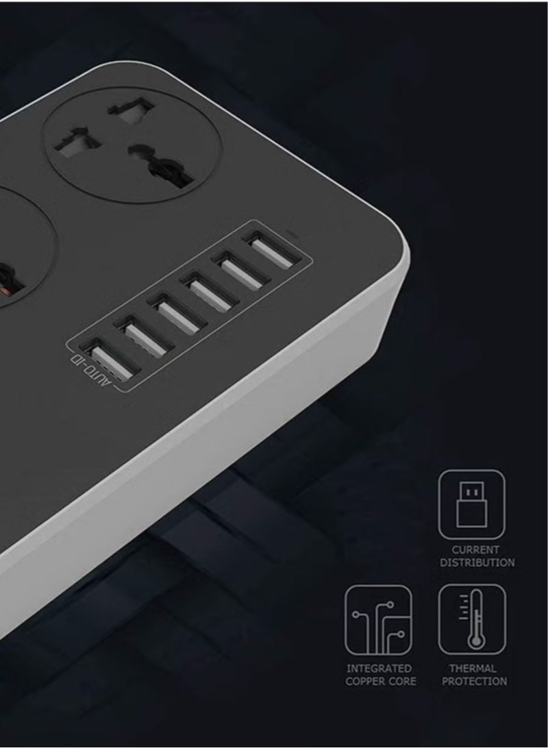 JAJEEK 3-Way Power Extension Cord – 6 USB Charging Ports, 3 Universal Plugs, 2 Meter Surge Protection Cable for Home and Office Use - Image 4