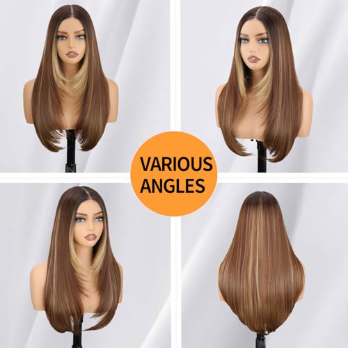 NOSTALGIA Honey Blonde Highlight Straight Lace Front Wig Pre Cut Glueless Synthetic Layered Wig 26 Inch Middle Part Closure Wig For Women Upgraded with Premium Fiber - Image 3