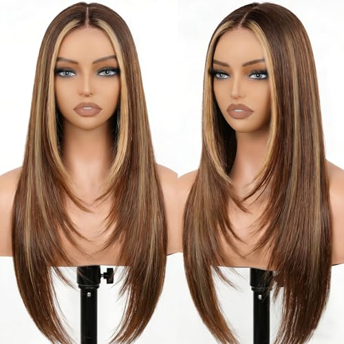NOSTALGIA Honey Blonde Highlight Straight Lace Front Wig Pre Cut Glueless Synthetic Layered Wig 26 Inch Middle Part Closure Wig For Women Upgraded with Premium Fiber - Image 1