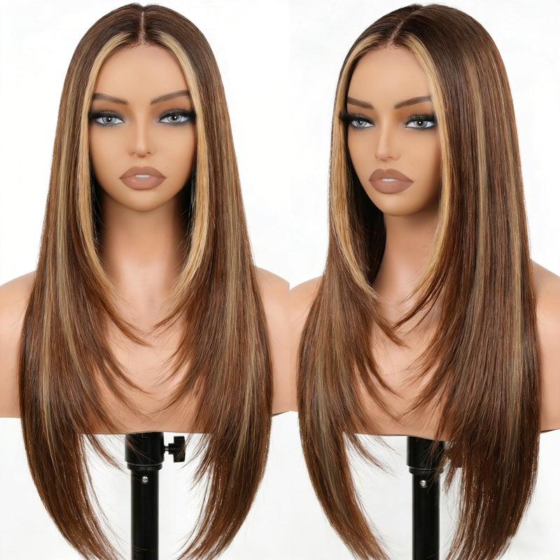 NOSTALGIA Honey Blonde Highlight Straight Lace Front Wig Pre Cut Glueless Synthetic Layered Wig 26 Inch Middle Part Closure Wig For Women Upgraded with Premium Fiber - Image 2