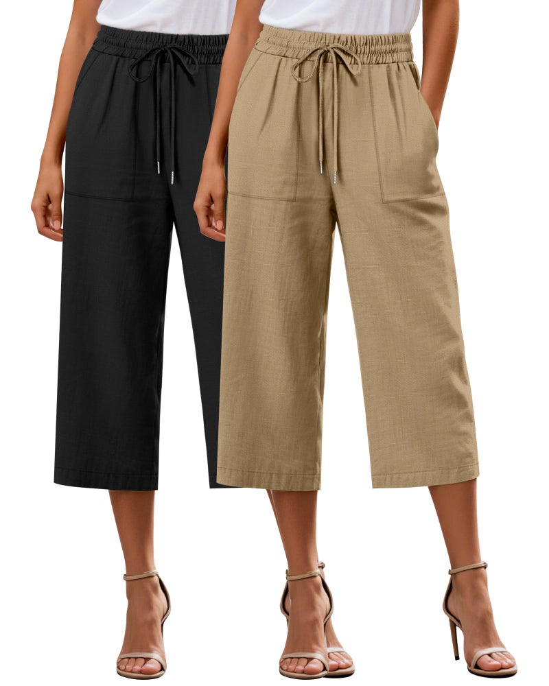 Riyiper 2 Pcs Womens Cotton Linen Wide Leg Capri Pants Drawstring Casual Cropped Trousers Loose Palazzo Pants with PocketsBlack KhakiXXLarge
