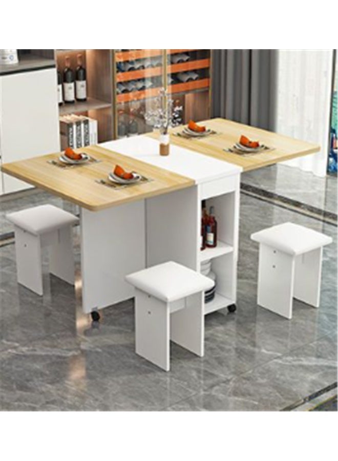 Dining Table Set, Foldable Extendable Dining Table with 4 Stools, Wooden Portable Lunch Table with Wheels, Space Saving for Home Office Living Room and Kitchen, 60*120*77cm, Brown - Image 2
