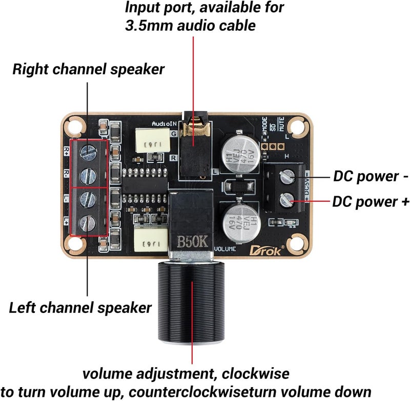 DROK 5W+5W Mini Audio Amplifier Board PAM8406 DC 5V Digital Stereo Power Amp 2.0 Dual Channel Class D Amplify Module for Speaker Sound System DIY - Image 2
