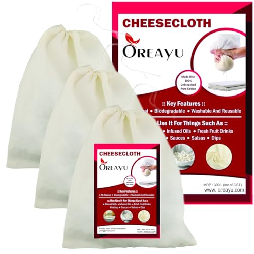 OREAYU Prime Muslin Cheese Nut Milk Cloth Bag for Kitchen, Unbleached Reusable Cotton Bags for Straining Juice as Strainer, Masala Potli, Spice Bag, Paneer, Curd, Cheese, 10x7inches 3 Pcs - Image 1