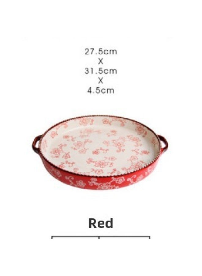 Japanese-style Cherry Blossom Underglaze Hand-painted Ceramic Baking Pan Household Baking Pizza Plate Binaural Oven Microwave Baking Pan-Specifications:Red Glaze -12.5 Inch Binaural Disc - Image 1