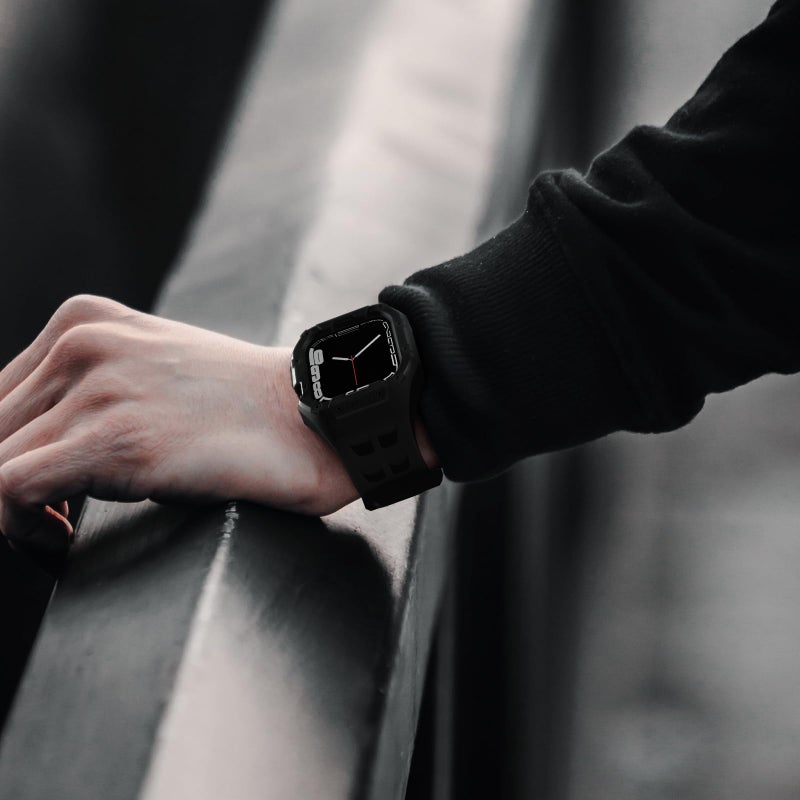 Nereides Compatible With Apple Watch Band 45mm 44mm, for Apple Watch Series series 9/8/7/6/5/4/SE/SE2, Sports Strap with TPU Band,Shockproof PC Frame Bumper, Rugged Heavy Duty Band Men (Original Black) - Image 4