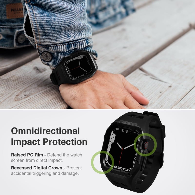 Nereides Compatible With Apple Watch Band 45mm 44mm, for Apple Watch Series series 9/8/7/6/5/4/SE/SE2, Sports Strap with TPU Band,Shockproof PC Frame Bumper, Rugged Heavy Duty Band Men (Original Black) - Image 3