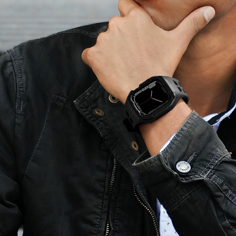 Nereides Compatible With Apple Watch Band 45mm 44mm, for Apple Watch Series series 9/8/7/6/5/4/SE/SE2, Sports Strap with TPU Band,Shockproof PC Frame Bumper, Rugged Heavy Duty Band Men (Original Black) - Image 5