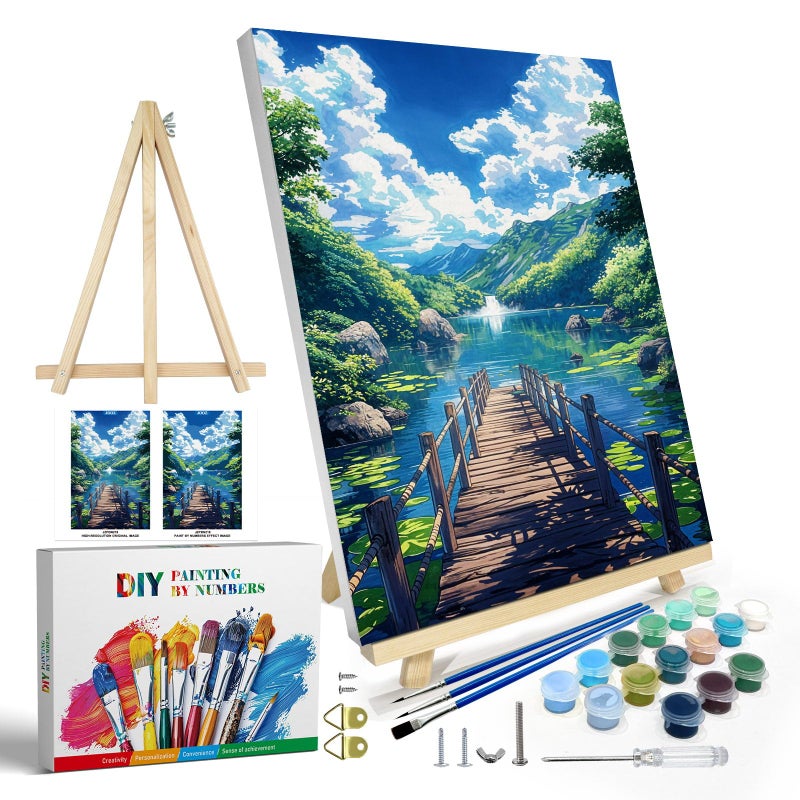 JOOZ Paint by Numbers Kit for Adults with Frame Landscape Paint by Numbers with Easel Lake Mountain Paint by Number with Frame DIY Easy Paint by Numbers Kit for Adults Home Wall Decor 8 x 12 Inch