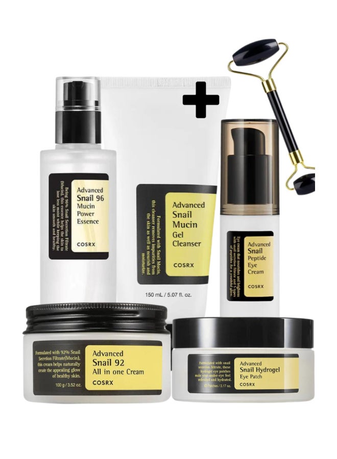 COSRX Optimal Snail-Powered Skincare Pack 5 & Face Massage Roller Advanced Snail 96 Mucin Power Essence, 92 All-in-One Cream, Peptide Eye Cream, Gel Cleanser, and Hydrogel Eye Patch 468.99ml